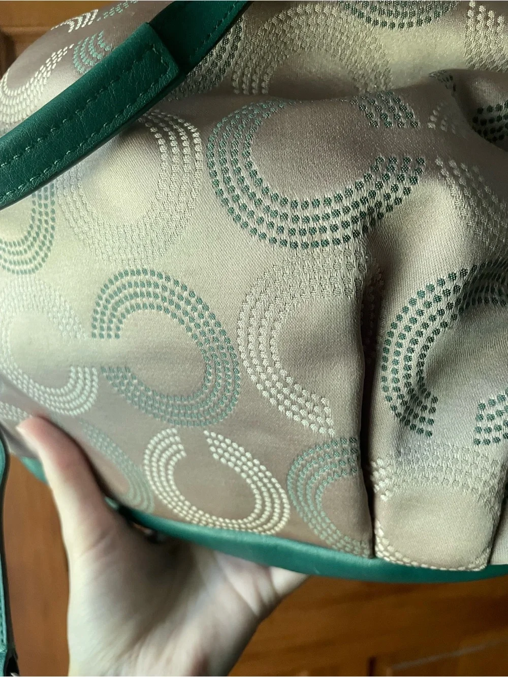 Coach Sabrina Signature C Print Sateen Fabric w/Green Leather Trim F25183